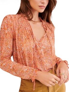 NWOT Free People Lela Floral LS Blouse Coral Tangerine Size Small